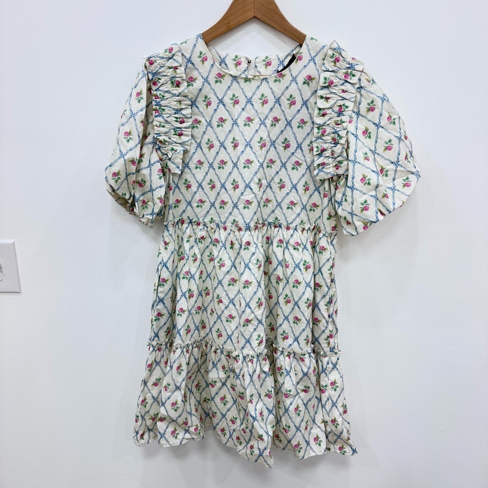 Gigio Round neck mini babydoll Tiered Cottage core puff sleeves trellis Dress Sm - Picture 5 of 10